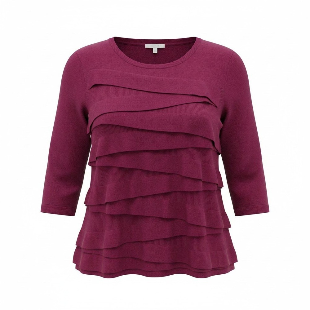 Vince Camuto Sweater Women 2X Maroon Tiered Ruffle Front 3/4 Sleeve Knit Top